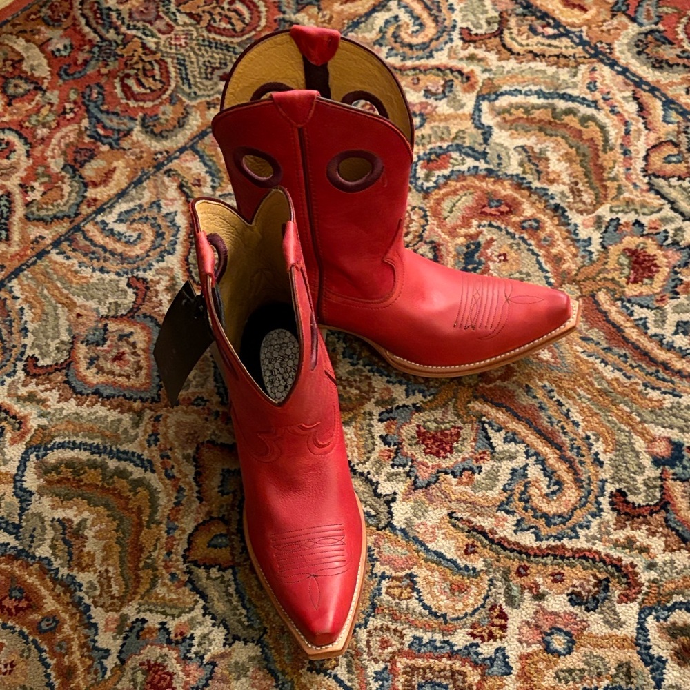 BLACK STAR NWT Red Leather Western Boots w stacked heel, handcrafted in Mexico - Picture 4 of 8